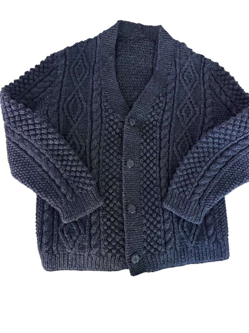 Hand Knitted Mens Aran stitching patterns Cardigan Size Large Wool Black Preppy
